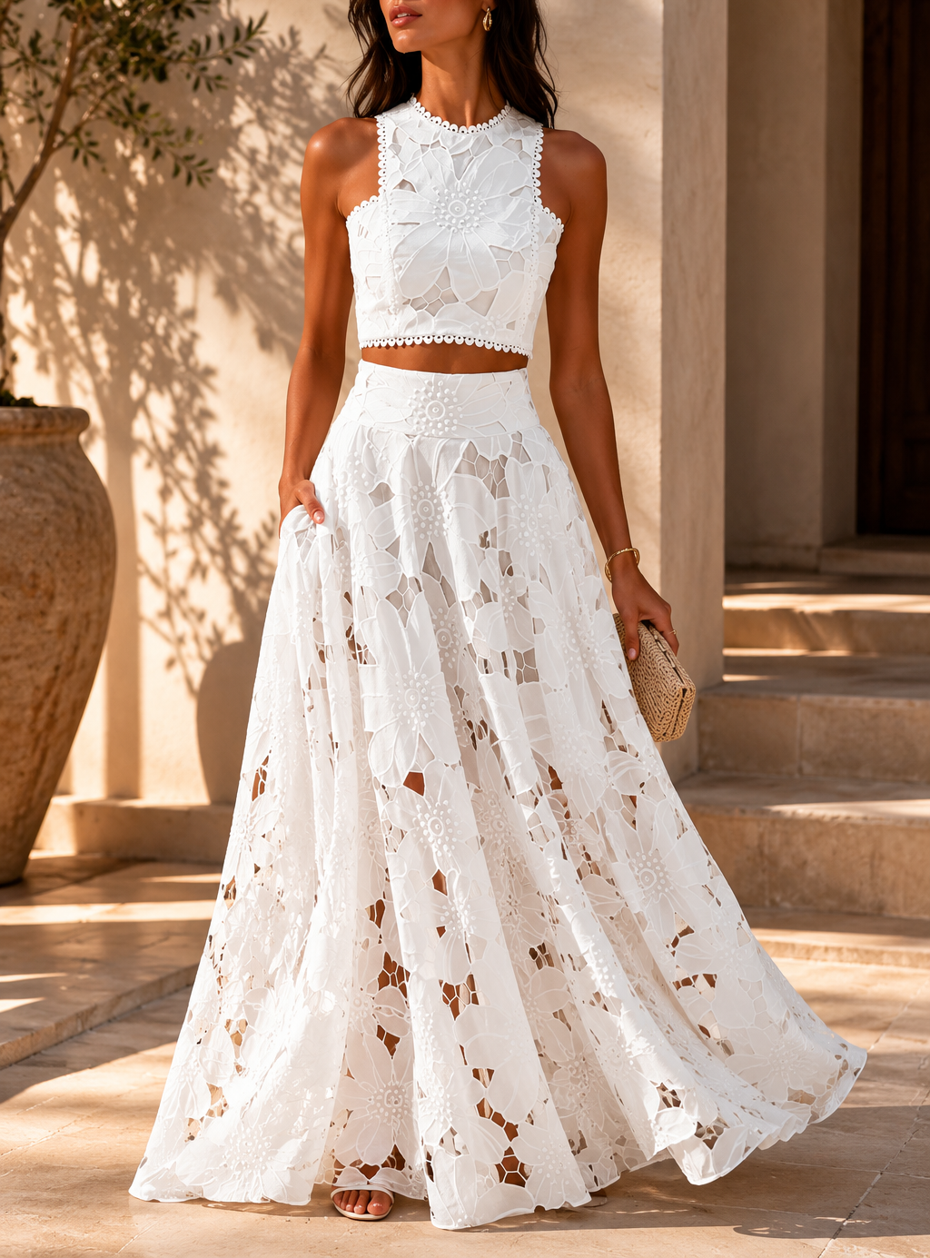 Aveline Lace Sleeveless Flower Cutout Maxi Skirt Set