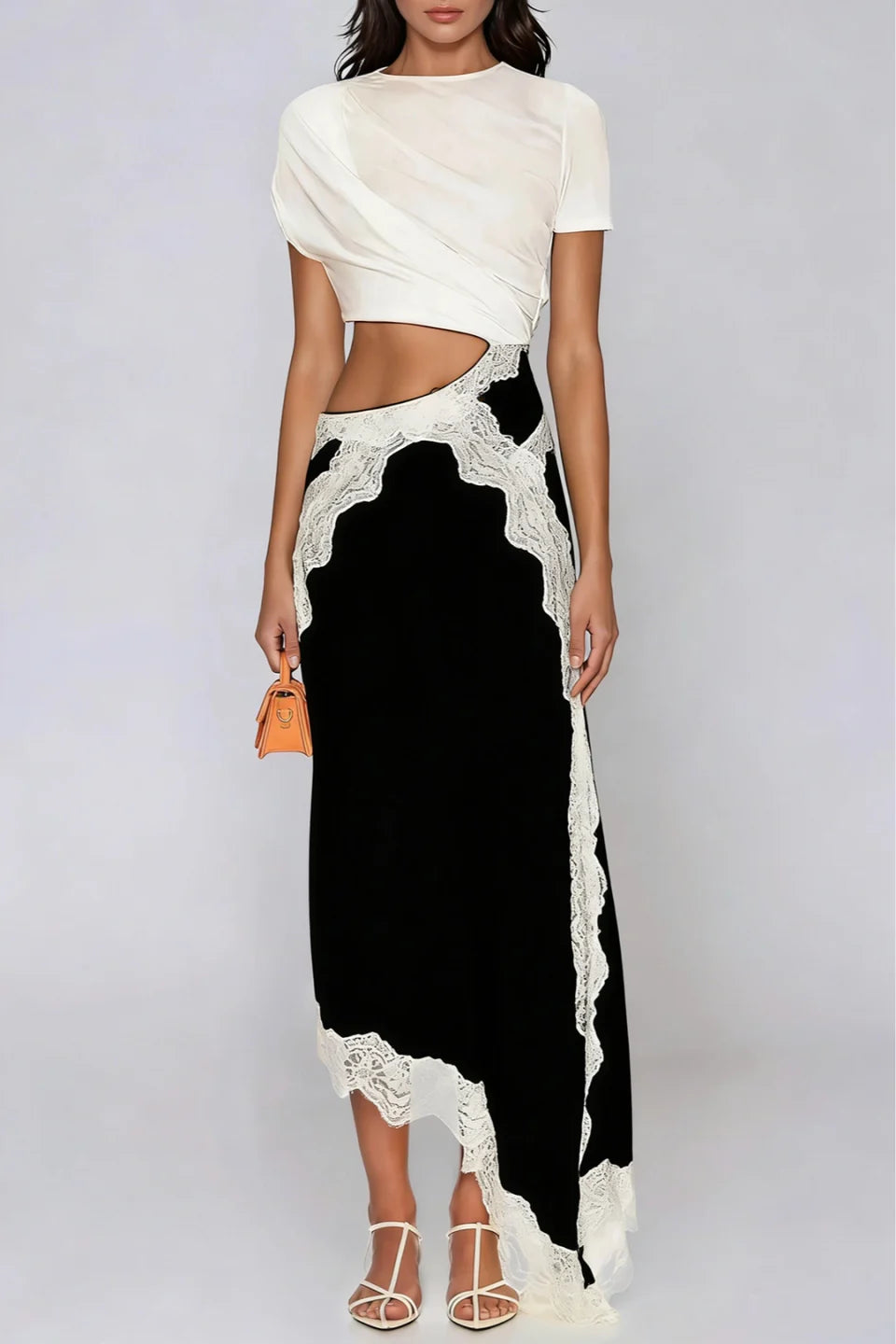 Evelisse Asymmetrical Satin Lace Maxi Dress Cutout
