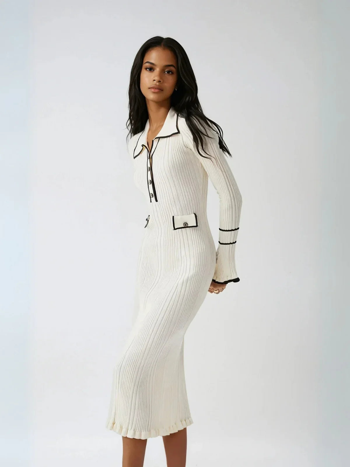 Evelisse Ribbed Ruffle Detail Midi Dress