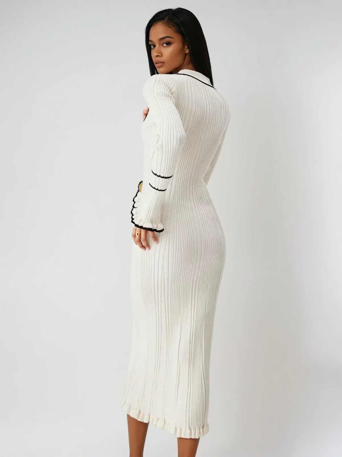 Evelisse Ribbed Ruffle Detail Midi Dress