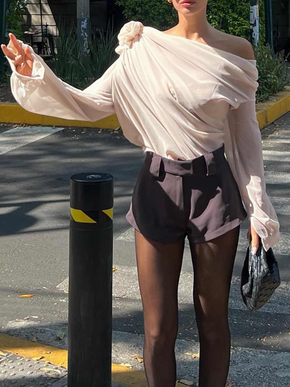 Chiffon Semi-Sheer One Shoulder Asymmetrical Blouse 1